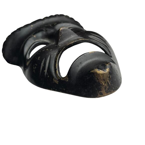 Vintage Brass Wall Mask Black Gold Tribal Face Art Decor Metal Sculpture Painted - Picture 3 of 8